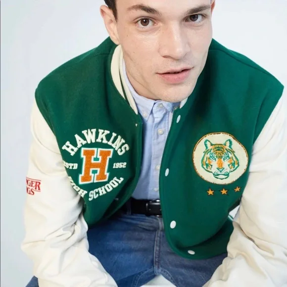 H&M x Stranger Things Hawkins Tigers Varsity Letterman Baseball